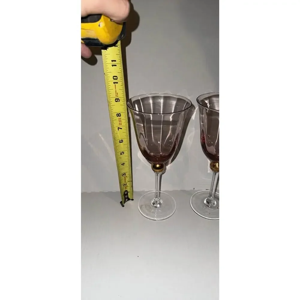 Vintage Pink Optic Fluted Wine Glasses Gold Ball Sphere Stem MCM